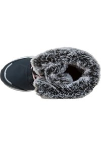 Sort vandtætte vinterstøvler med en grå faux fur-foring og pink detaljer. Har en rund tå og tekstureret overflade.