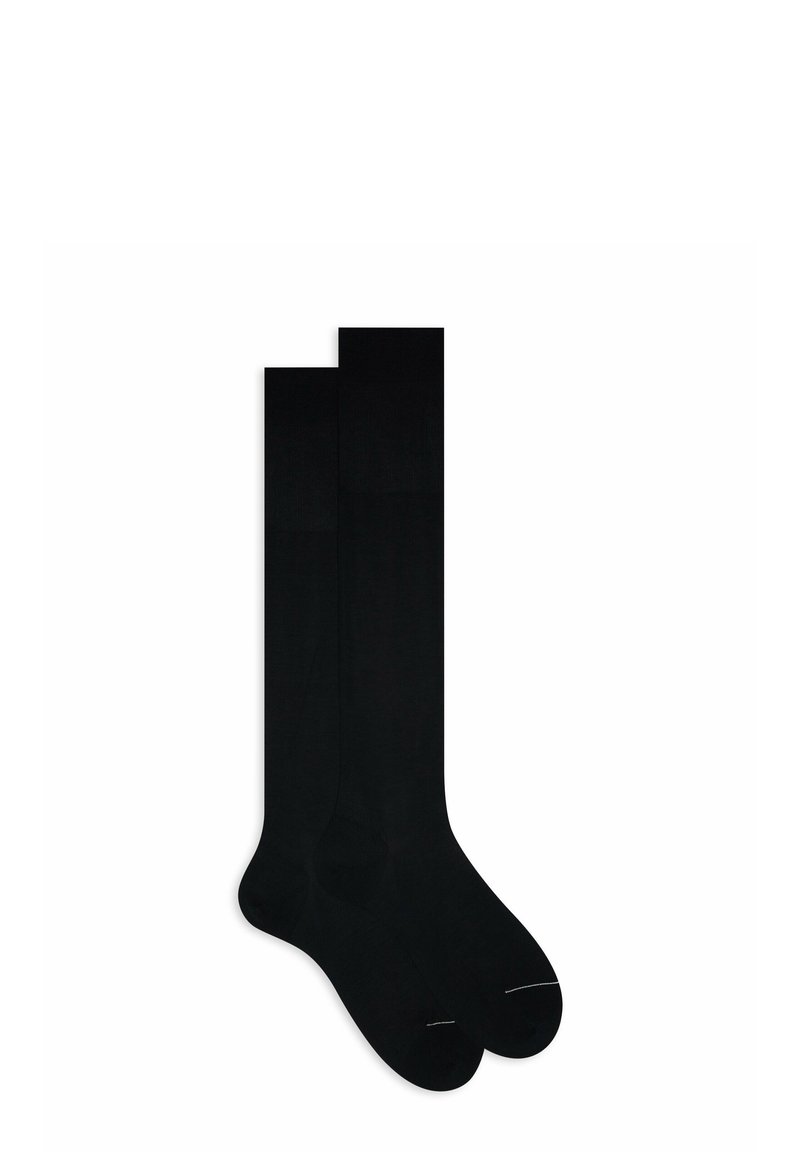 Black knee-high socks with a smooth texture and reinforced toes. Simple design, featuring a subtle ribbed pattern at the top.