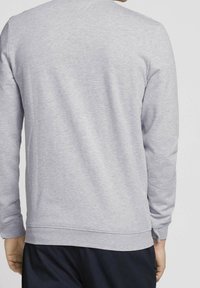 Gray sweatshirt with long sleeves, made of soft fabric. Features a crew neck and elastic cuffs with a ribbed hem at the waist.