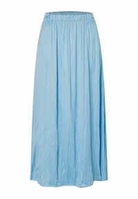 Jupe bleu clair, longueur genoux, fabriquée à partir d'un tissu texturé et fluide avec une taille élastique. Présente un design lisse et simple.