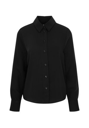 Zwarte langesleevenshirt van gladde stof met een klassieke kraag en een knoopsluiting aan de voorkant met bijpassende knopen.