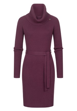Ribbed knit dress in deep purple, featuring a cowl neck, long sleeves, waist tie, and a fitted shape, with a subtle button accent.