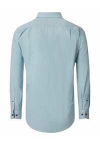 Lichtblauw overhemd met lange mouwen met een geometrisch patroon, met een button-down kraag en twee zwarte knopen bij de manchetten. Glad, gestructureerd stof.