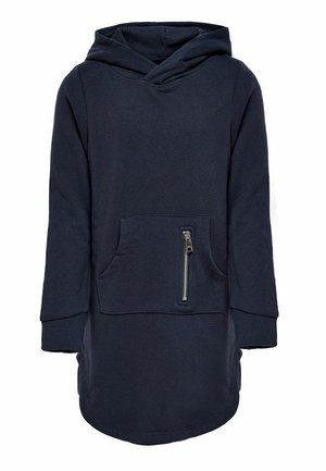 Abito felpa con cappuccio a maniche lunghe di colore blu navy, con tasca a marsupio frontale dotata di cerniera verticale e polsini a costine.