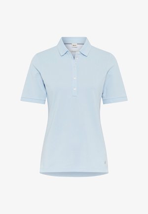 Jasnoniebieska koszulka polo wykonana z bawełny. Posiada zapinanie na guziki, krótkie rękawy z ściągaczami oraz subtelne logo na dolnym brzegu.