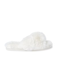 Pantofole bianche in pelliccia con suola piatta, caratterizzate da una texture morbida e un design superiore soffice. Struttura semplice e senza cuciture, priva di ulteriori dettagli.