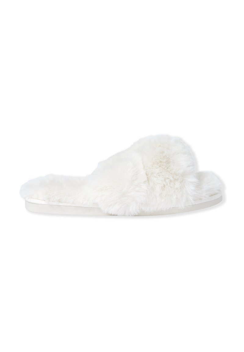 Pantofole bianche in pelliccia con suola piatta, caratterizzate da una texture morbida e un design superiore soffice. Struttura semplice e senza cuciture, priva di ulteriori dettagli.