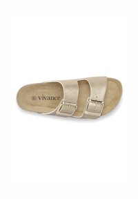 Gold slide sandal with two adjustable straps, smooth synthetic upper, cushioned footbed, and printed brand name "vivance" on insole.
