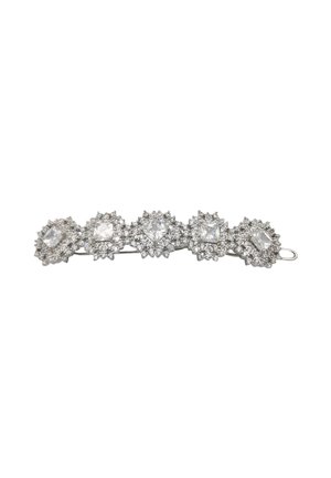 Haarschmuck mit Strasssteinen, der fünf dekorative Blumenmotive, eine Metallic-Silberfassung, klare Steine, geometrische Formen und filigrane Details aufweist.