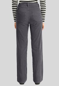 Wide-leg corduroy pants in dark gray, featuring vertical ribbing, a high waist, and two back pockets. A smooth textured fabric.