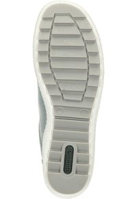 Gray rubber shoe sole with a textured pattern for grip, featuring a white edge and the brand name "Remonte" embossed near the center.