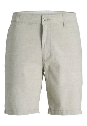 Shorts pour hommes en lin beige clair, avec fermeture à boutons, passants pour ceinture et poches avant, présentés sur un fond blanc.