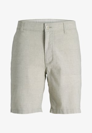Shorts pour hommes en lin beige clair, avec fermeture à boutons, passants pour ceinture et poches avant, présentés sur un fond blanc.