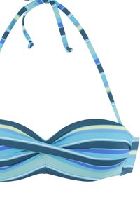 Bikini top s krúteným predným dielom, horizontálnymi prúžkami v odtieňoch modrej, zelenej a bielej, s nastaviteľnými ramienkami za krk. Hladká textúra látky.