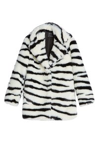 Kabát z umělé kožešiny s černo-bílým vzorem zebry, s šálovým límcem a dlouhými rukávy. Měkká textura a střední délka.