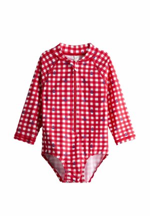 Rot-weiß karierter Baby-Badeanzug mit langen Ärmeln, einem Frontreißverschluss und kleinen blauen Anker-Mustern.