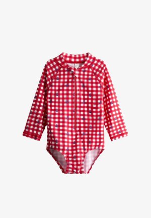 Rød- og hvidternet langærmet babysvømmetøj med lynlås foran og små blå ankerprint.