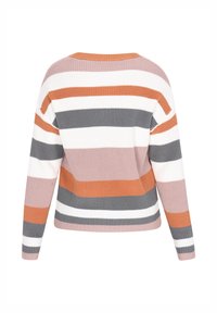 Maglione lavorato a maglia con vestibilità ampia, caratterizzato da righe orizzontali in rosa, bianco, grigio e arancione. Texture a coste e design a girocollo.