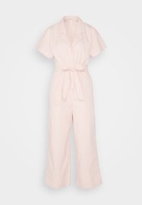 Pink cotton jumpsuit with short sleeves, button front, collar, and a tied waist belt. Features wide-leg trousers and a smooth texture.