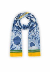 Écharpe bleue à motifs avec des dessins floraux et circulaires, ornée d'une bordure rayée jaune et verte. Tissu doux et léger.