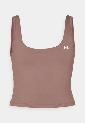 Top court marron avec un col carré, fabriqué à partir d'un tissu lisse et extensible. Présente un petit logo blanc sur le côté gauche.