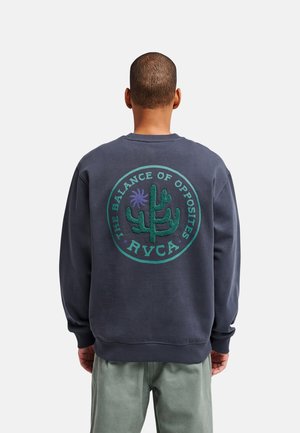 Osoba nosząca ciemnoniebieską bluzę z zielonym kaktusem i fioletowym słońcem oraz tekstem "The Balance of Opposites RVCA" na plecach.