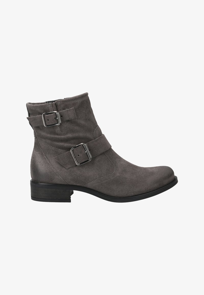 Gray suede ankle boot with two decorative buckle straps, rounded toe, and a low stacked heel. Smooth texture with a simple design.