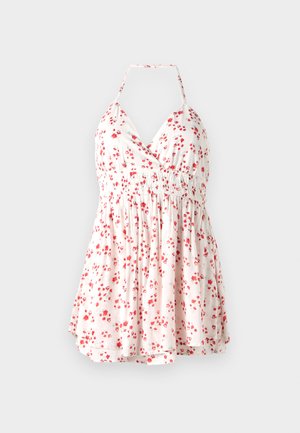 Abito floreale bianco con piccoli fiori rossi, design con collo all'americana, vita arricciata e gonna fluente. Tessuto morbido con una leggera texture.