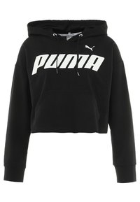 Felpa corta nera realizzata in misto cotone. Presenta il logo "PUMA" bianco, coulisse regolabile e tasca frontale. Maniche lunghe con polsini a costine.