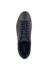 Zapatilla de cuero negro con una textura suave, punta redondeada, seis ojales y suela blanca en contraste. Presenta el nombre de la marca grabado en la plantilla.
