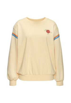 Cremefarbener Sweatshirt mit Regenbogenstreifen an den Ärmeln und kleinem roten "Saint Tropez"-Text sowie Segelboot-Grafik auf der Brust.