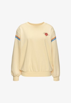 Cream sweatshirt with rainbow stripes on sleeves and small red "Saint Tropez" text and sailboat graphic on chest.