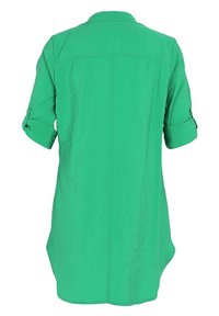 Camicia verde a maniche lunghe con maniche arrotolate, tasche con bottone e cucitura centrale dritta, mostrata dal retro su uno sfondo bianco.