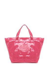 Borsa a tracolla rosa, lucida, con due manici, con un logo impresso sul davanti. Realizzata in materiale resistente con una forma rettangolare.
