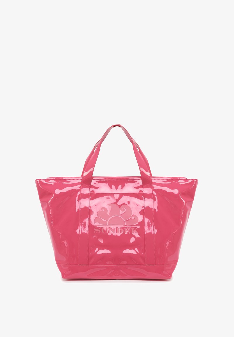 Borsa a tracolla rosa, lucida, con due manici, con un logo impresso sul davanti. Realizzata in materiale resistente con una forma rettangolare.