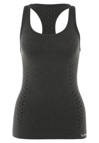 Canottiera sportiva grigia scura con design a racerback, caratterizzata da pannelli laterali testurizzati e una silhouette aderente. Logo semplice all'orlo.