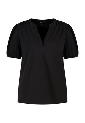 Blouse noire à manches courtes avec manches bouffantes froncées et petit col en V sans boutons, présentée sur fond blanc.