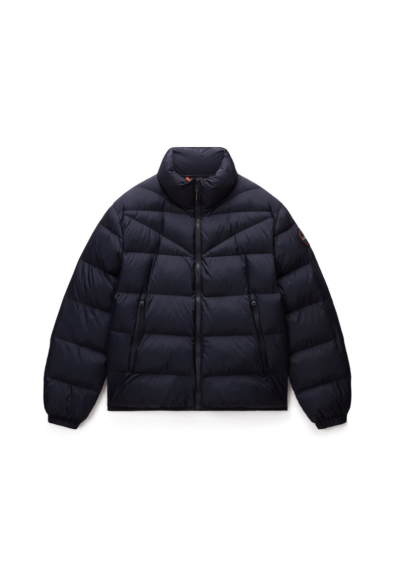 Navy puffer jacket with a high collar, featuring a zip front, two side pockets, and a quilted design with a slightly glossy texture.