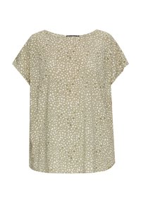 Lichtbeige blouse gemaakt van zachte stof, met een losse, boxy pasvorm, een wijde hals en een wit gesprenkeld patroon door het geheel. Korte mouwen.