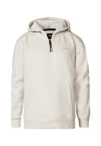 Lichtbeige hoodie met een kwart-rits aan de voorkant, elastische manchetten en een kangoeroezak. Gemaakt van zachte stof. Minimale logo-details.