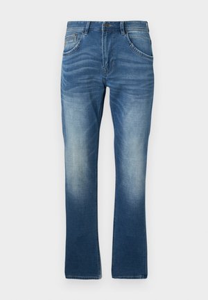 Jean en denim bleu avec une finition délavée, design à jambe droite, cinq poches et une fermeture à bouton. Texture usée au niveau des cuisses.