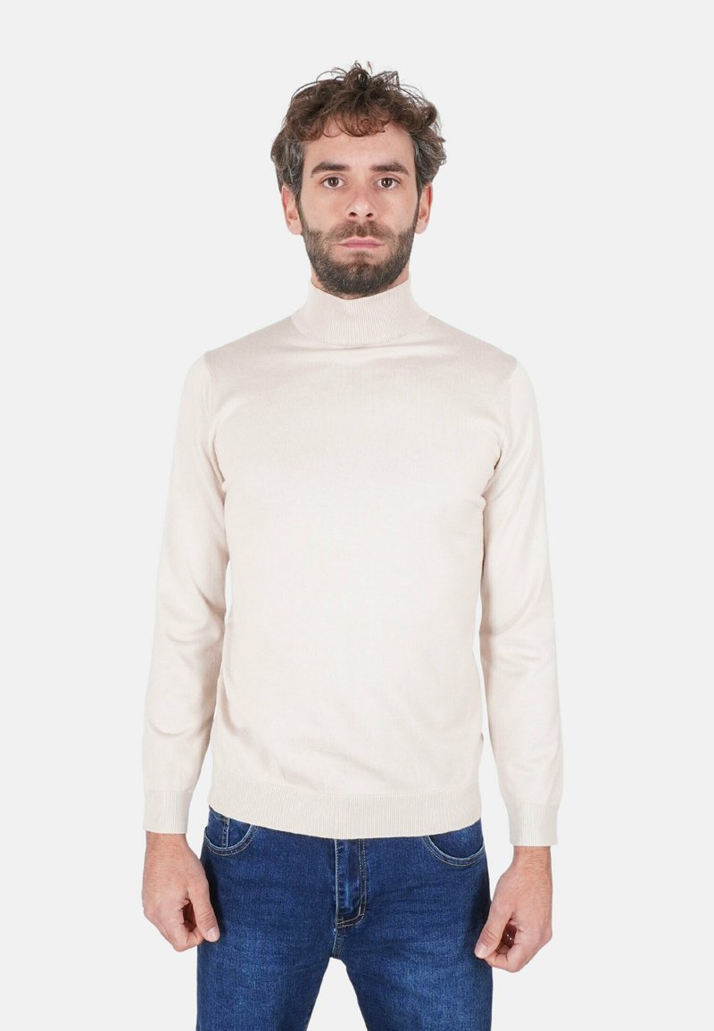 Maglione dolcevita beige chiaro in tessuto a maglia liscia, con maniche lunghe e vestibilità aderente, abbinato a jeans blu.