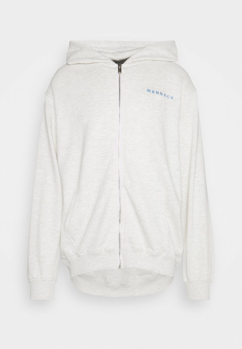 Ljusgrå zip-up hoodie med framfickor, huva, ribbad mudd och "MENNACE"-logotyp på vänster bröst.