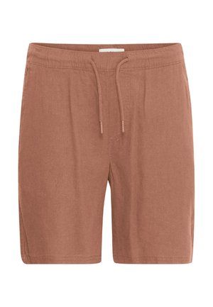 Brown, lightweight shorts made of linen with an elastic waistband and drawstring. Features a smooth texture and simple design.