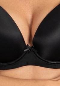 Black padded bra with a smooth, shiny texture. Features a small bow accent at the center and underwire for support.