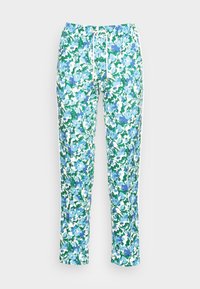Kalhoty s květinovým potiskem z lehkého materiálu, v odstínech zelené a modré, s elastickým pasem a šňůrkou pro nastavitelnou velikost.