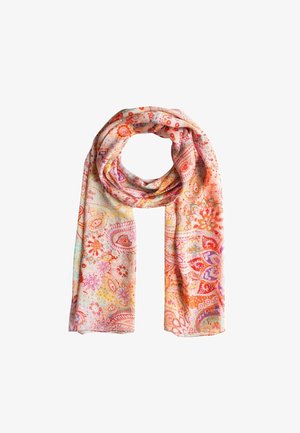 Écharpe légère avec des motifs cachemire et floraux vibrants en orange, rose et violet, nouée de manière lâche avec les extrémités pendantes.