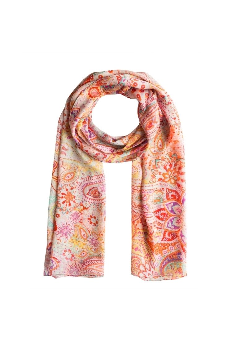 Écharpe légère avec des motifs cachemire et floraux vibrants en orange, rose et violet, nouée de manière lâche avec les extrémités pendantes.