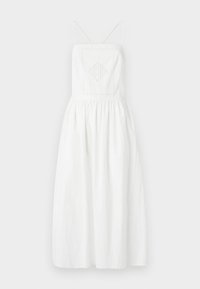 Vestido blanco sin mangas con tirantes finos, que presenta un panel cuadrado bordado, una cintura fruncida y una falda fluida. Fabricado en un tejido ligero.