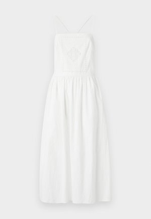 Abito bianco senza maniche con spalline sottili, caratterizzato da un pannello ricamato quadrato, una vita arricciata e una gonna fluida. Realizzato in tessuto leggero.